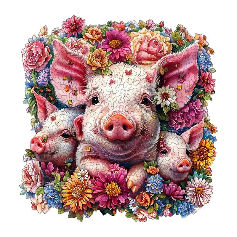 Three Pigs In Bloom round wooden puzzle