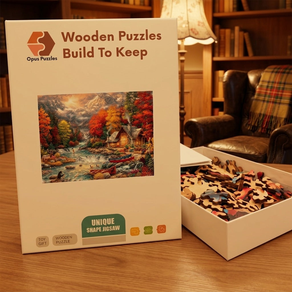 Autumn Cabin Stream Wooden Puzzle – packaged wooden puzzle gift box