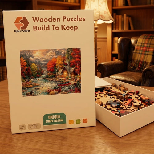 Autumn Cabin Stream Wooden Puzzle – packaged wooden puzzle gift box