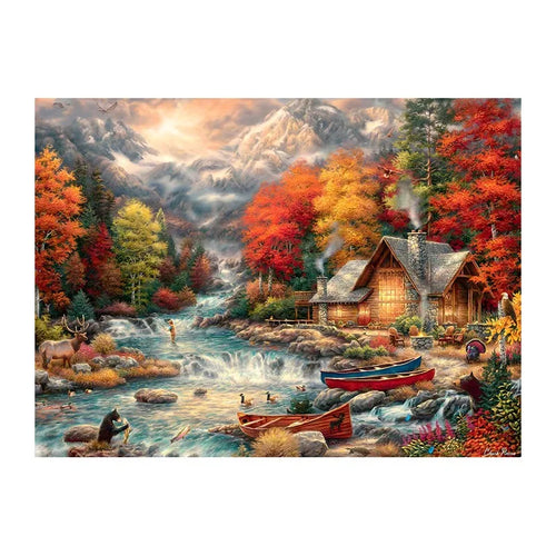 Autumn Cabin Stream round wooden puzzle