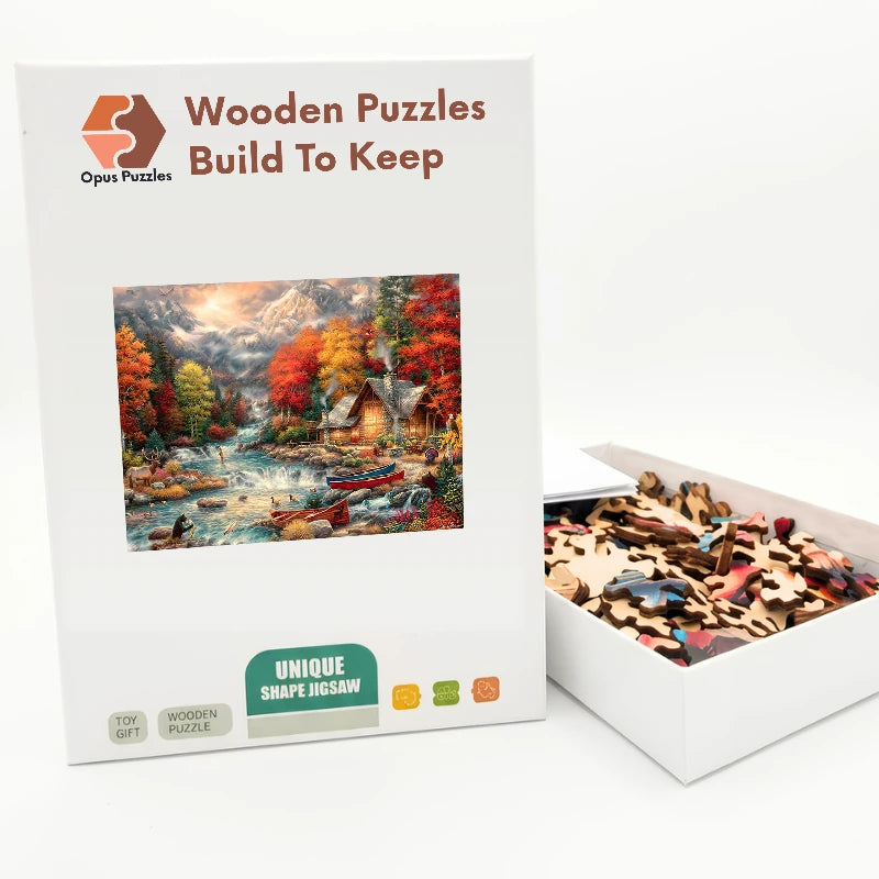Autumn Cabin Stream Wooden Puzzle – packaged wooden puzzle gift box