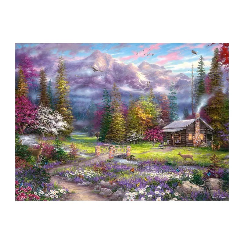 Spring Cabin Meadow round wooden puzzle