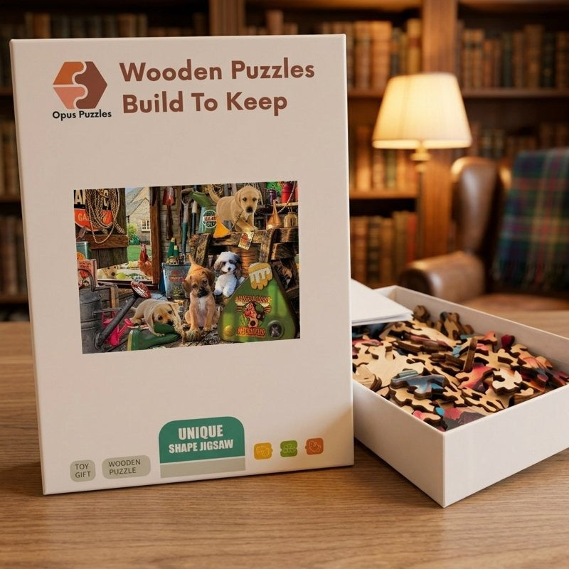 Toolshed Pup Party Wooden Puzzle – packaged wooden puzzle gift box