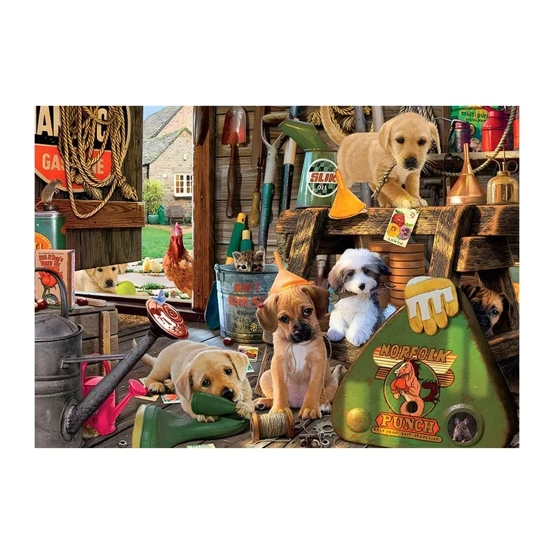 Toolshed Pup Party round wooden puzzle