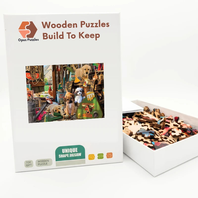 Toolshed Pup Party Wooden Puzzle – packaged wooden puzzle gift box