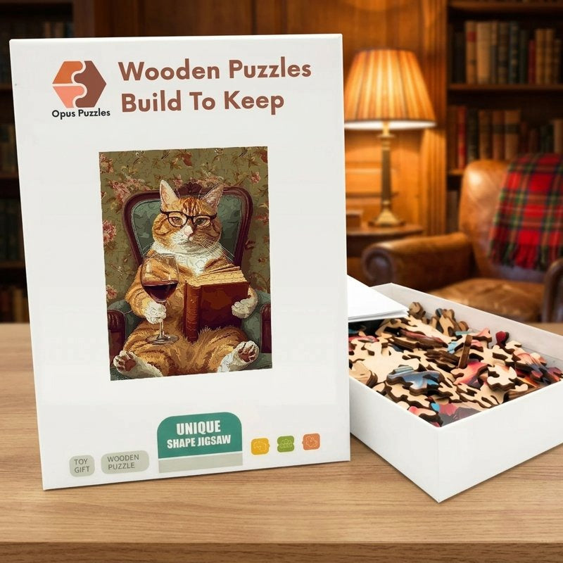 Cat With Wine And Book Wooden Puzzle – packaged wooden puzzle gift box