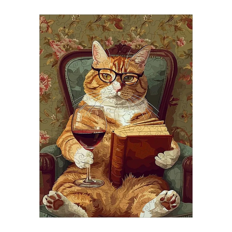 Cat With Wine And Book round wooden puzzle
