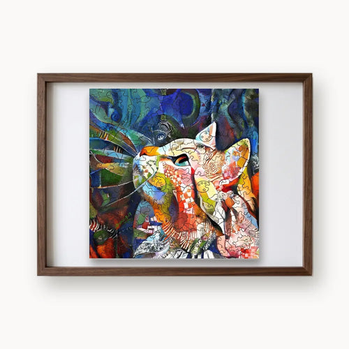 Color Splash Cat, a rectangular whimsy-cut wooden puzzle shown framed as wall art
