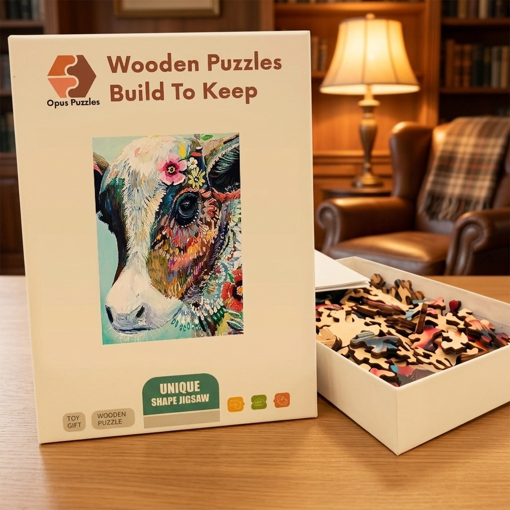 Folk Cow Bloom Wooden Puzzle – packaged wooden puzzle gift box