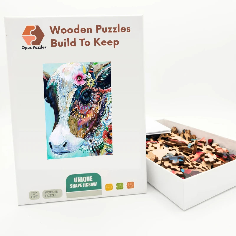 Folk Cow Bloom Wooden Puzzle – packaged wooden puzzle gift box