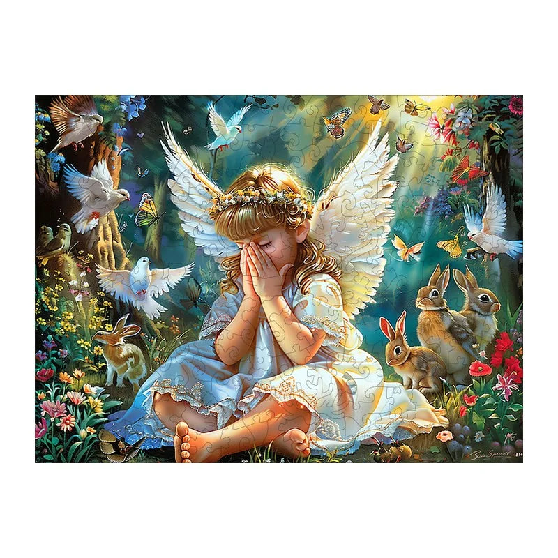 Praying Angel Girl round wooden puzzle