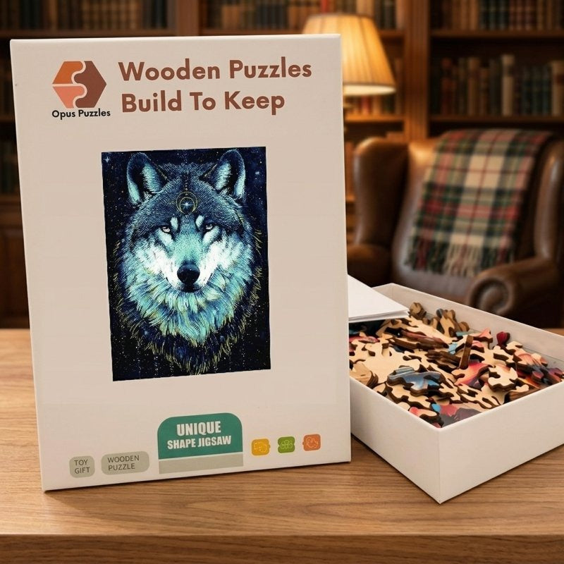 Moonlit Spirit Wolf Wooden Puzzle – packaged wooden puzzle gift box