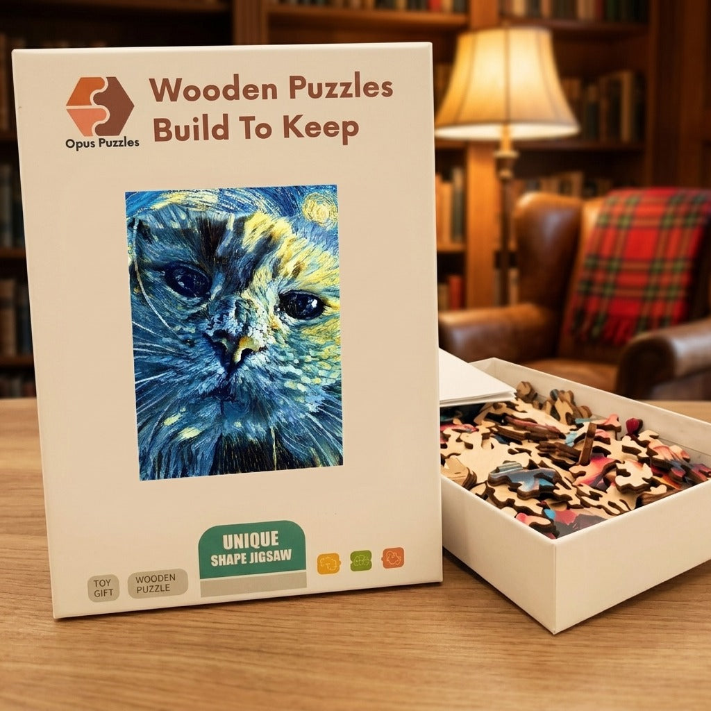 Starry Cat Portrait Wooden Puzzle – packaged wooden puzzle gift box