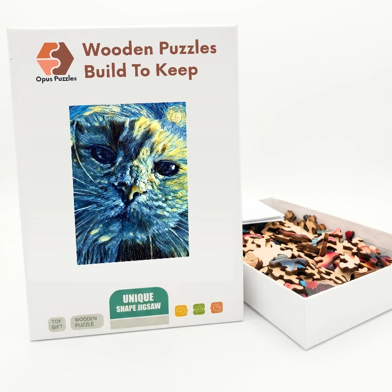 Starry Cat Portrait Wooden Puzzle – packaged wooden puzzle gift box