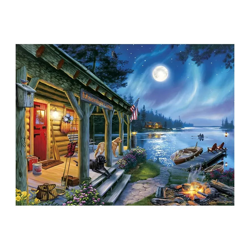 Moonlight Lodge Lake round wooden puzzle