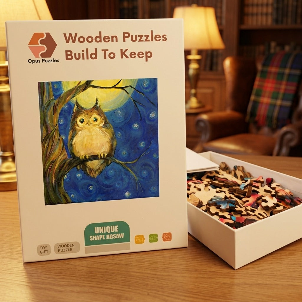 Moonlit Owl Branch Wooden Puzzle – packaged wooden puzzle gift box