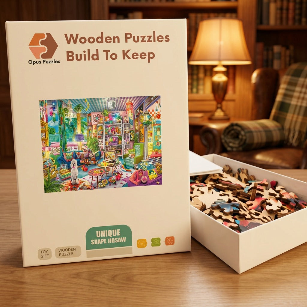 Retro Dollhouse Lounge Wooden Puzzle – packaged wooden puzzle gift box