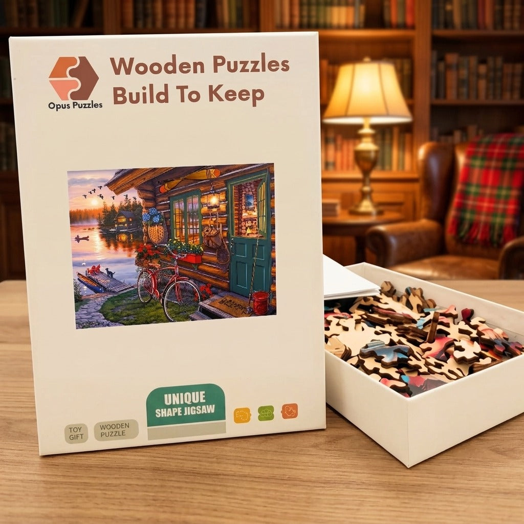 Lakeside Cabin Sunset Wooden Puzzle – packaged wooden puzzle gift box