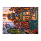 Lakeside Cabin Sunset round wooden puzzle