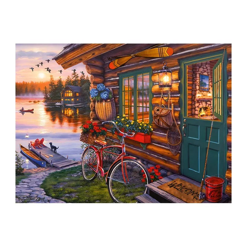 Lakeside Cabin Sunset round wooden puzzle
