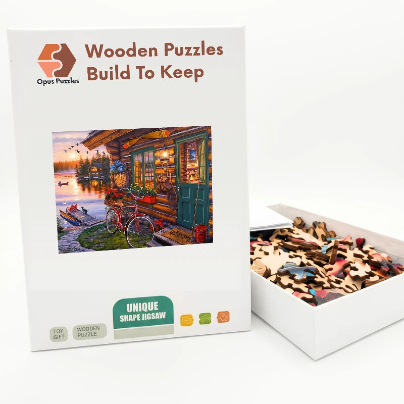 Lakeside Cabin Sunset Wooden Puzzle – packaged wooden puzzle gift box