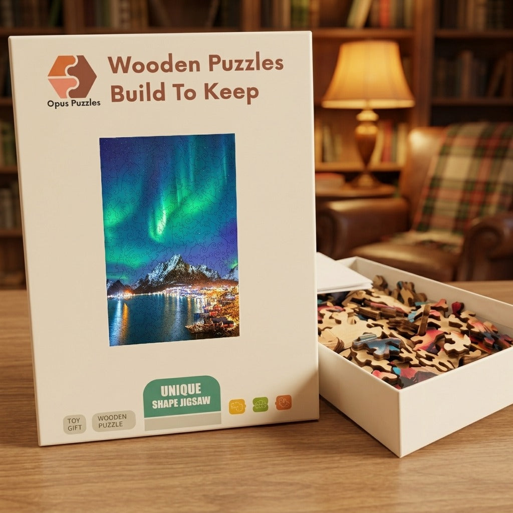 Arctic Aurora Village Wooden Puzzle – packaged wooden puzzle gift box