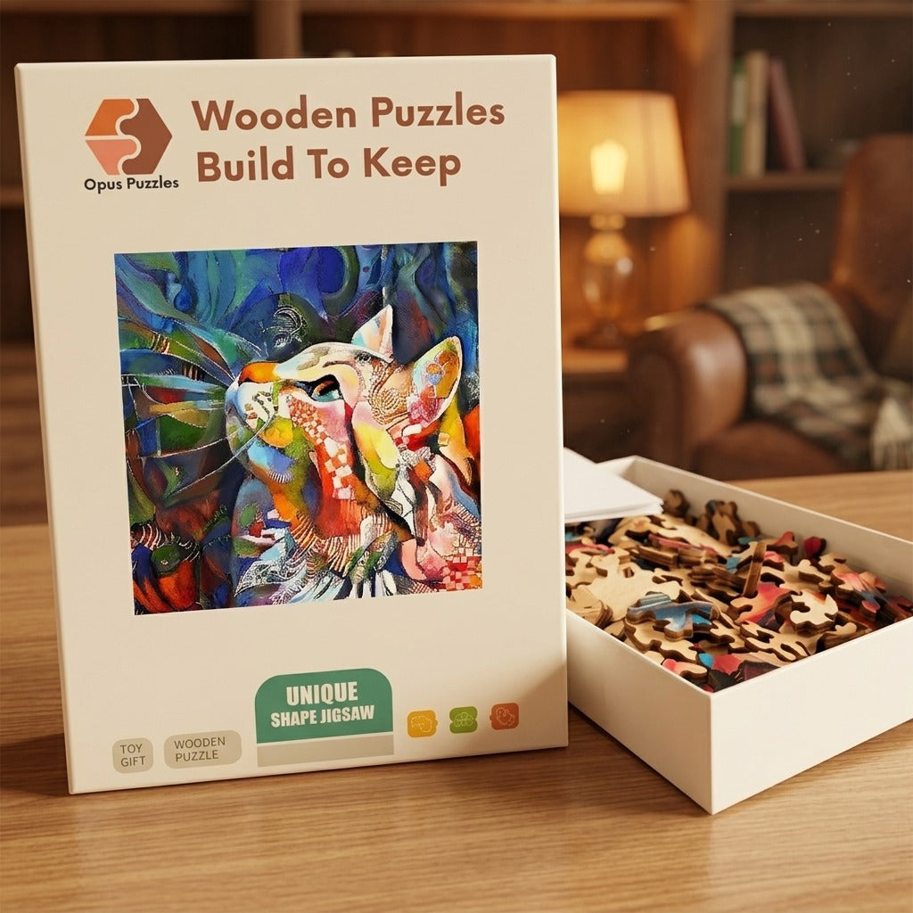 Mosaic Cat Profile Wooden Puzzle – packaged wooden puzzle gift box