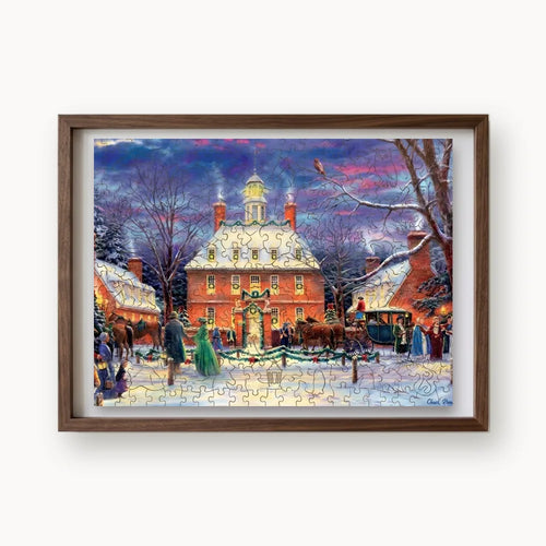 Colonial Winter Carolers, a rectangular whimsy-cut wooden puzzle shown framed as wall art
