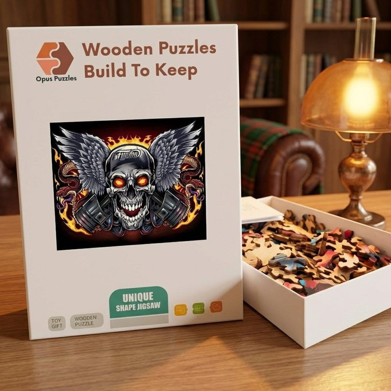 Flaming Skull Wings Wooden Puzzle – packaged wooden puzzle gift box