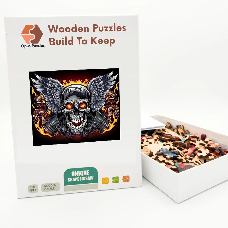 Flaming Skull Wings Wooden Puzzle – packaged wooden puzzle gift box