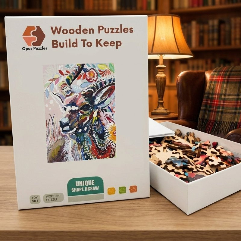 Painterly Folk Deer Wooden Puzzle – packaged wooden puzzle gift box