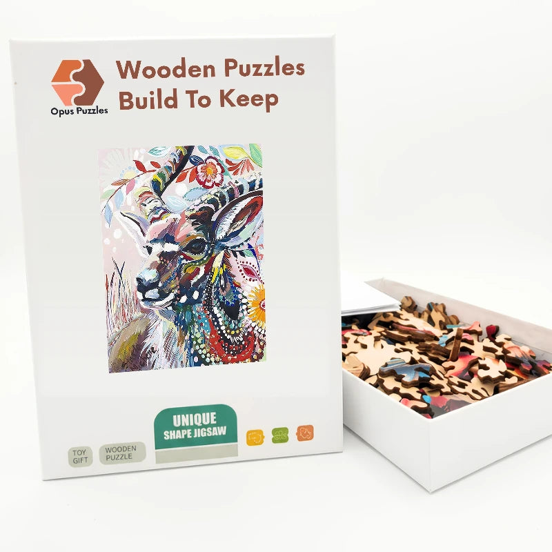 Painterly Folk Deer Wooden Puzzle – packaged wooden puzzle gift box