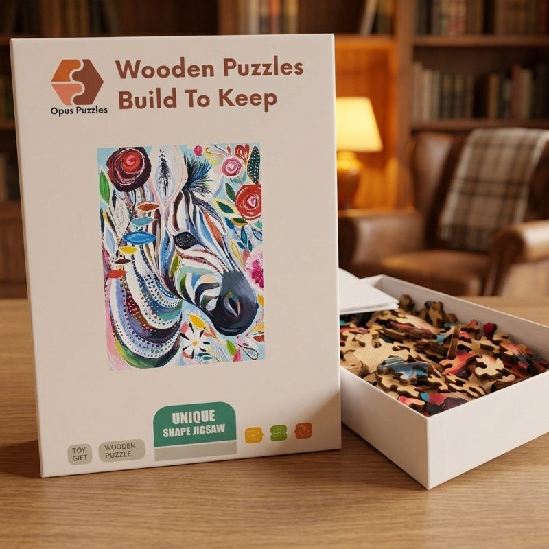 Painterly Floral Zebra Wooden Puzzle – packaged wooden puzzle gift box