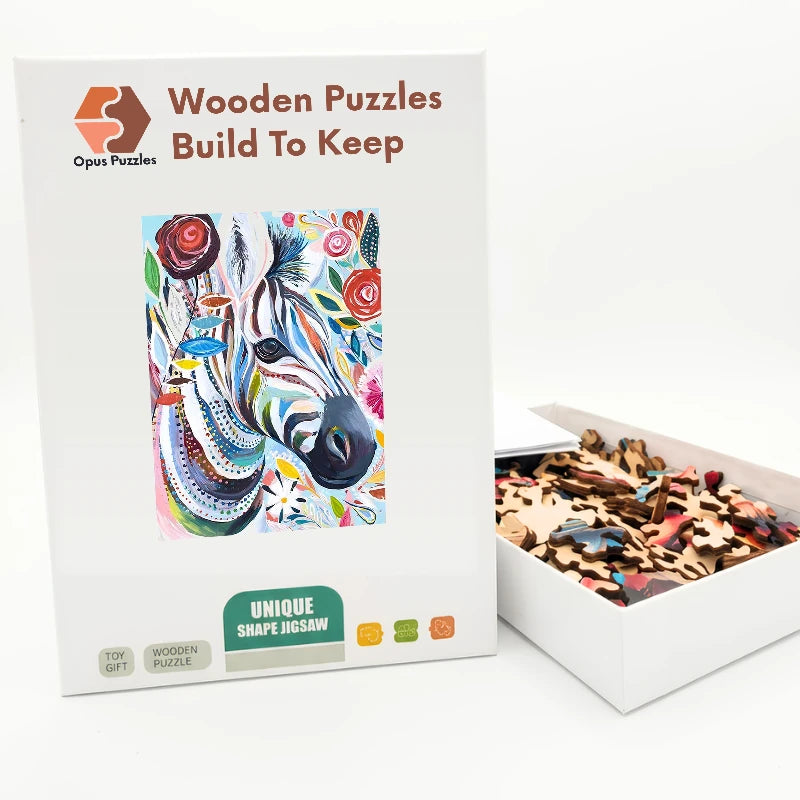 Painterly Floral Zebra Wooden Puzzle – packaged wooden puzzle gift box