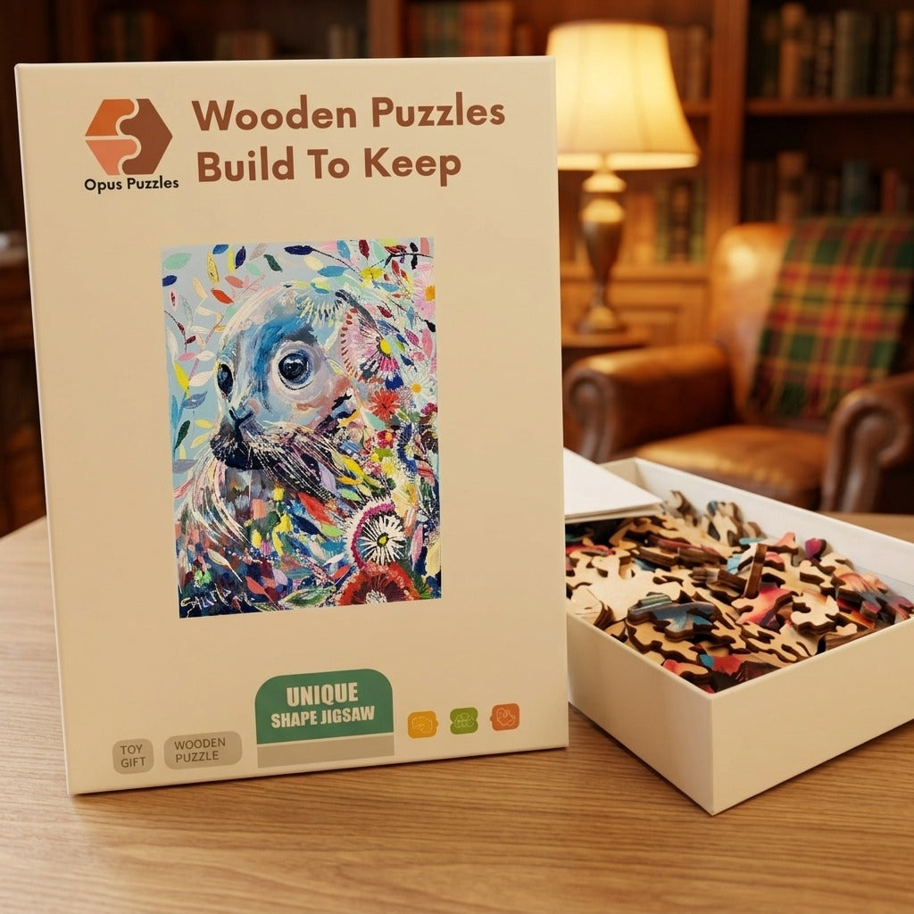 Painterly Seal Bloom Wooden Puzzle – packaged wooden puzzle gift box