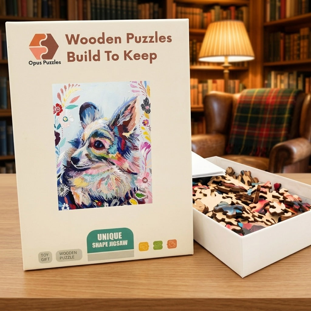 Painterly Corgi Blooms Wooden Puzzle – packaged wooden puzzle gift box
