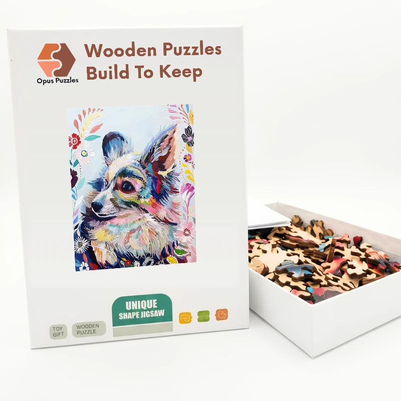 Painterly Corgi Blooms Wooden Puzzle – packaged wooden puzzle gift box