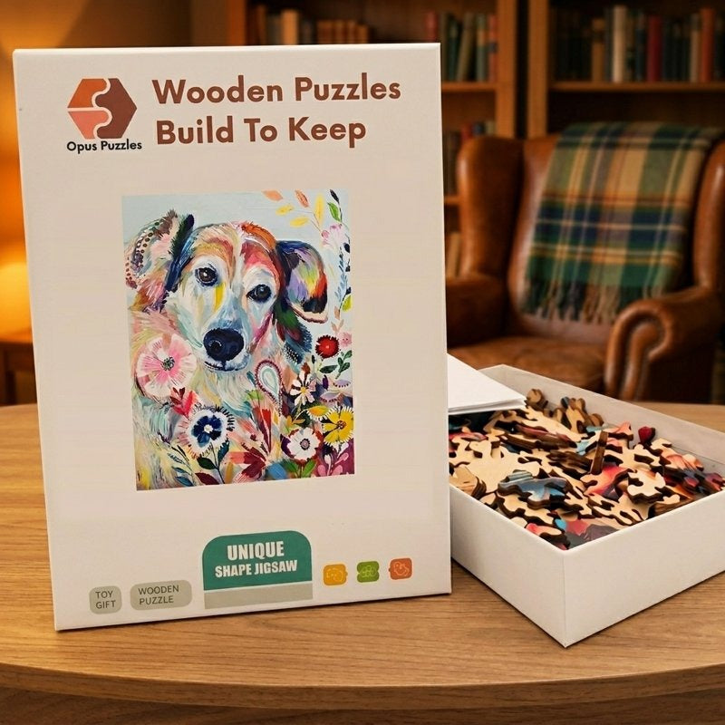 Floral Pup Portrait Wooden Puzzle – packaged wooden puzzle gift box