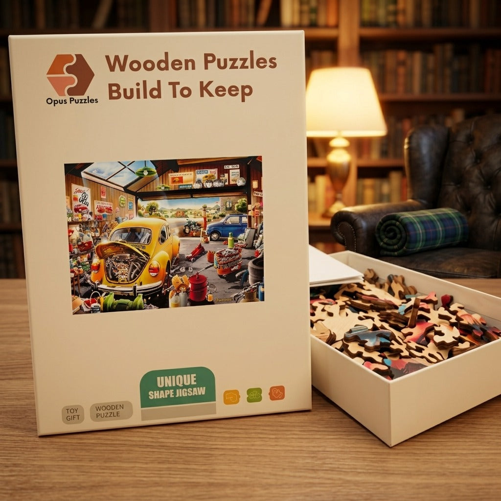 Vintage Beetle Garage Wooden Puzzle – packaged wooden puzzle gift box