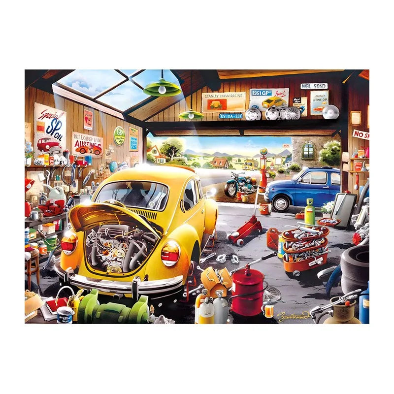 Vintage Beetle Garage round wooden puzzle