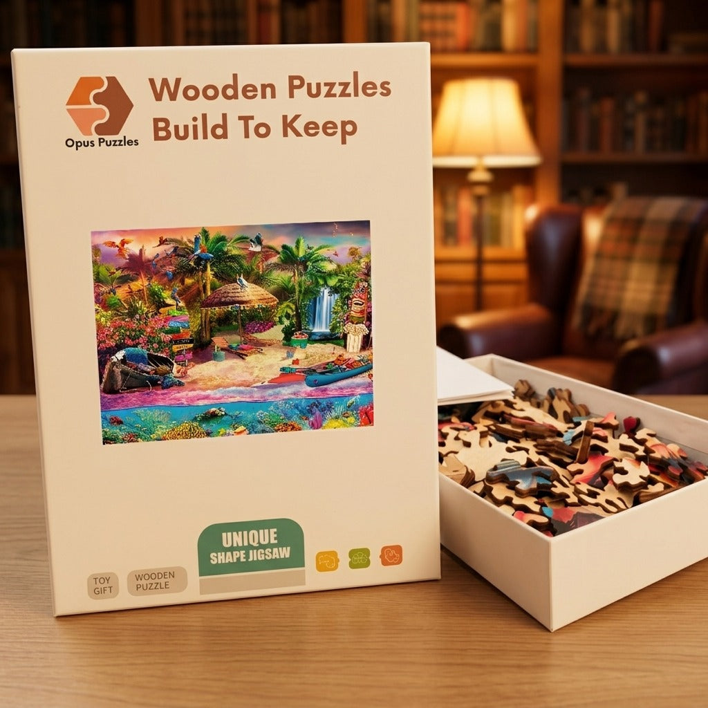 Tropical Tiki Beach Wooden Puzzle – packaged wooden puzzle gift box