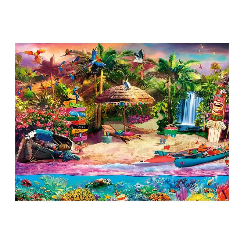 Tropical Tiki Beach round wooden puzzle
