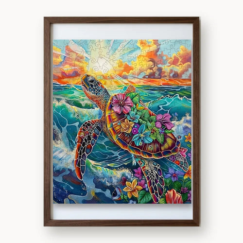Coral Sea Turtle, a rectangular whimsy-cut wooden puzzle shown framed as wall art