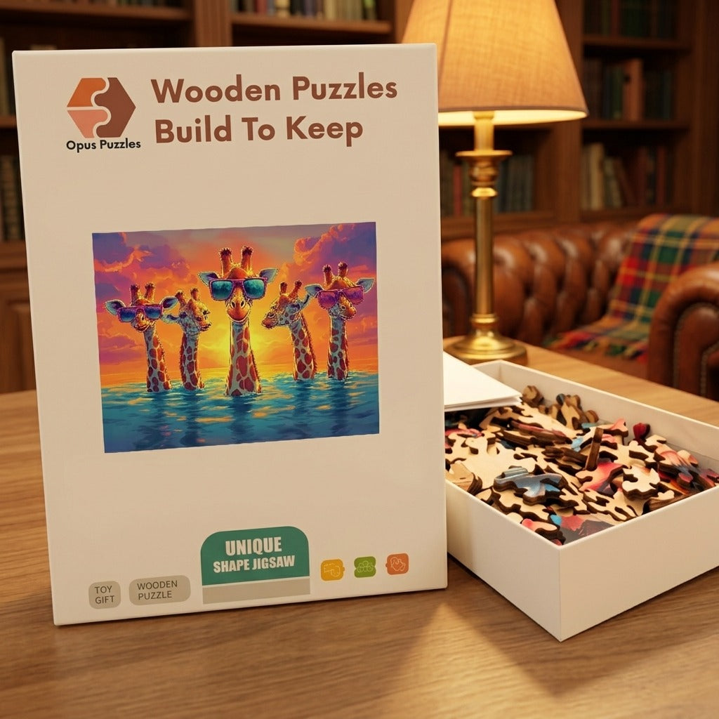 Sunset Giraffe Squad Wooden Puzzle – packaged wooden puzzle gift box