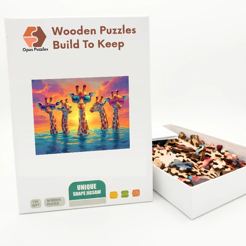 Sunset Giraffe Squad Wooden Puzzle – packaged wooden puzzle gift box
