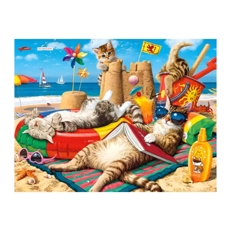 Beach Cats Vacation round wooden puzzle