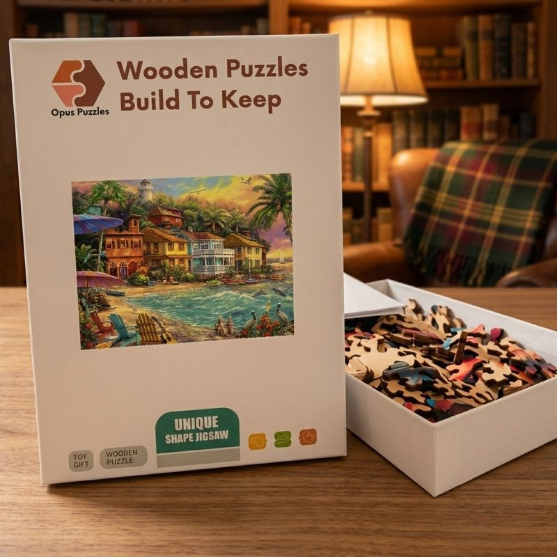 Seaside Town Sunset Wooden Puzzle – packaged wooden puzzle gift box