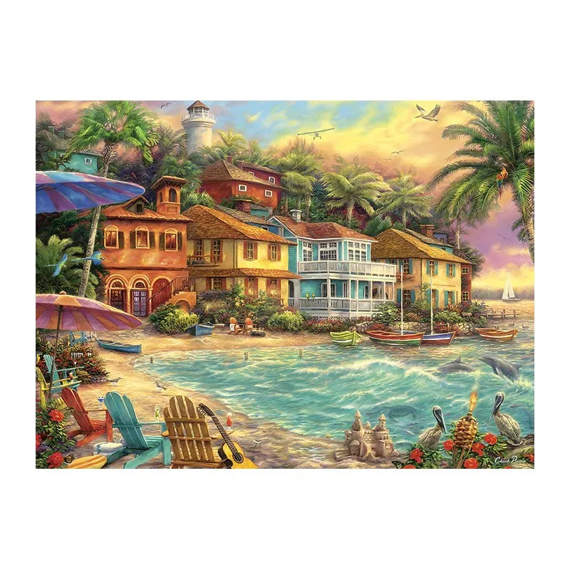 Seaside Town Sunset round wooden puzzle