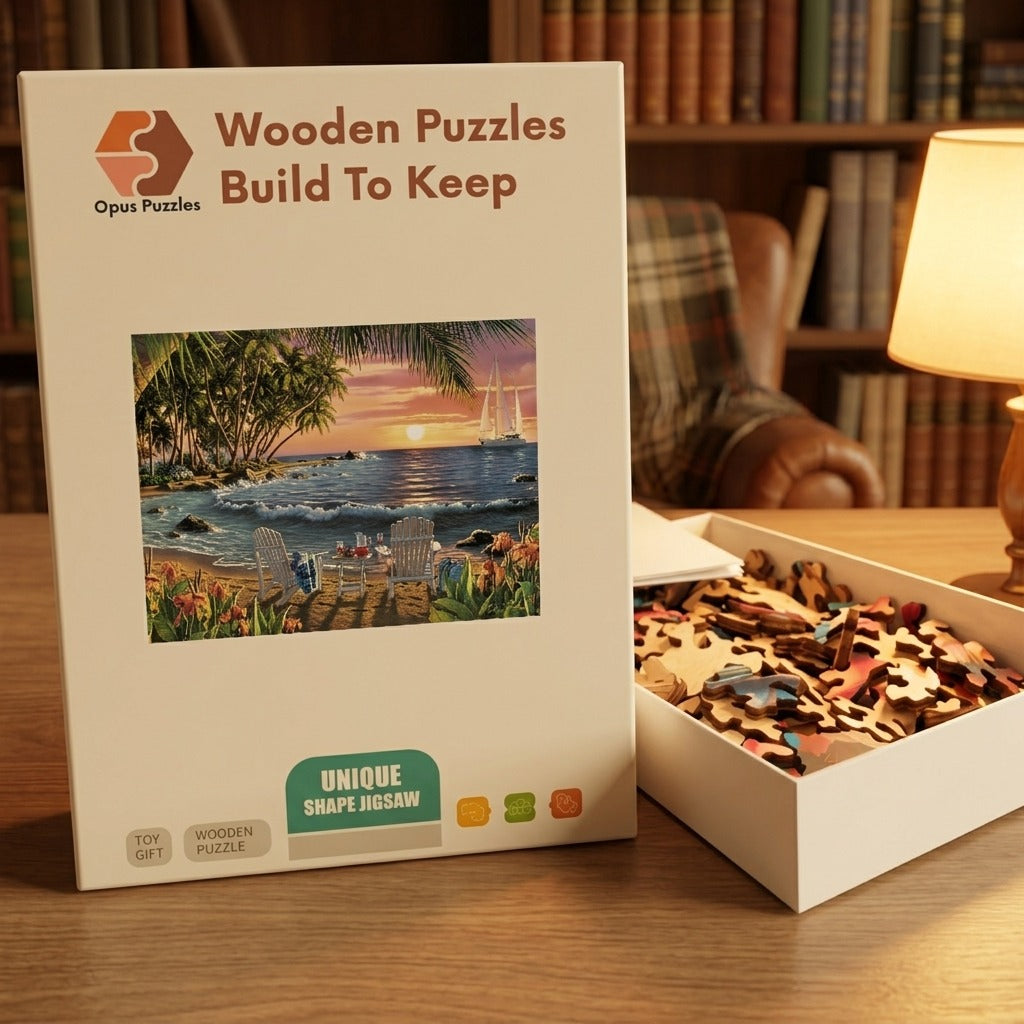 Sunset Beach Chairs Wooden Puzzle – packaged wooden puzzle gift box