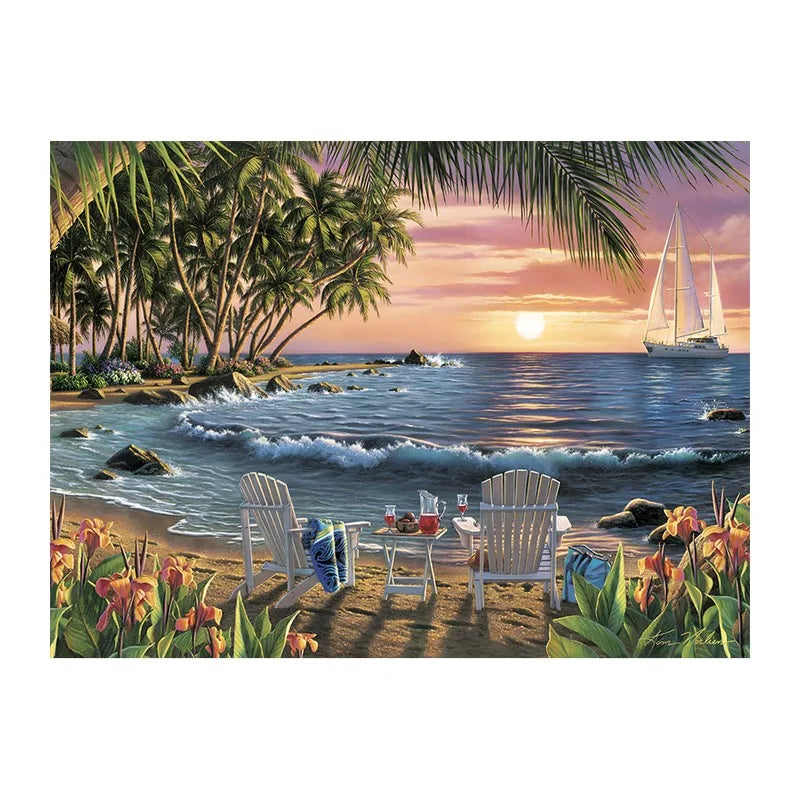 Sunset Beach Chairs round wooden puzzle